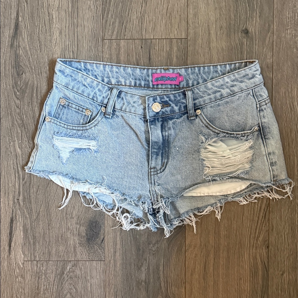 Edikted Light Blue Distressed Jean Shorts
